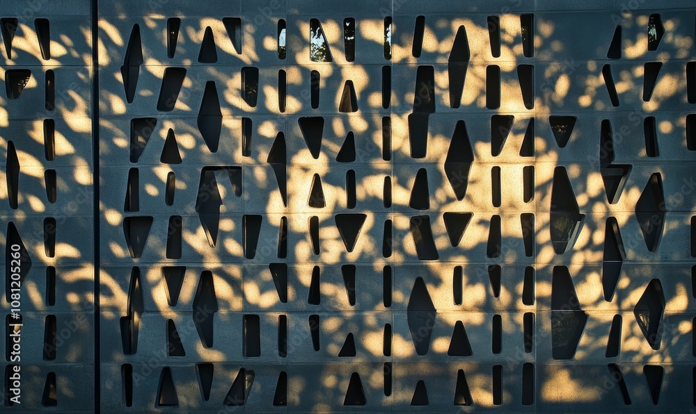 Poster modern architectural wall with geometric patterns illuminated by sunlight, creating intricate shadow