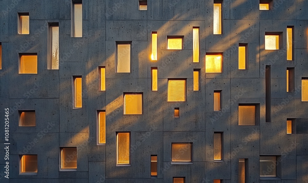 Poster modern architectural wall with geometric patterns illuminated by sunlight, creating intricate shadow