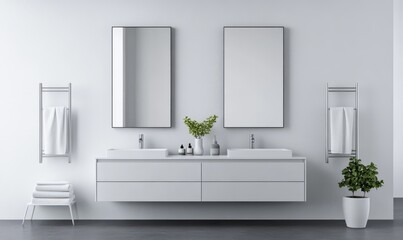 Modern bathroom with double sinks, large mirrors, wall-mounted storage cabinets, towel rack, and bidet. Minimalist design with white walls and grey floor