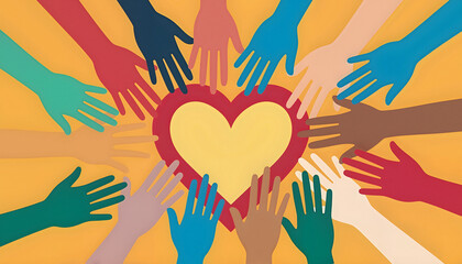 Fototapeta premium Celebrating World Peace Day with diverse hands uniting around a heart symbol in a vibrant display of love