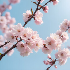 Naklejka premium Blooming cherry blossoms against blue sky background with copy space for text