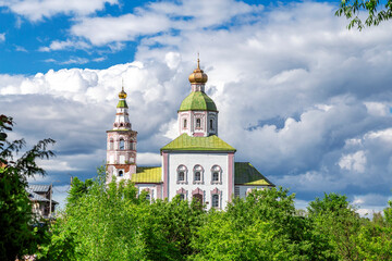 SUZDAL, RUSSIA - Beautiful landscape of Suzdal with a view of the Kamenka River and the ancient Russian Church of Elijah the Prophet (Elijah Church). Close-up