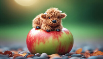 Tiny miniature Scottish cow lying on an apple