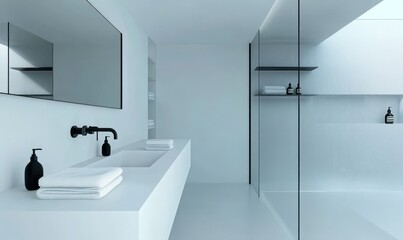 Modern minimalist bathroom with a white floating vanity, rectangular sink, large mirror, black faucet, shelves with toiletries, folded towels, and a walk-in shower