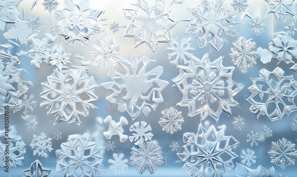 Poster snowflakes arranged in a precise, repeating pattern on a frosty window, with each flake unique yet p