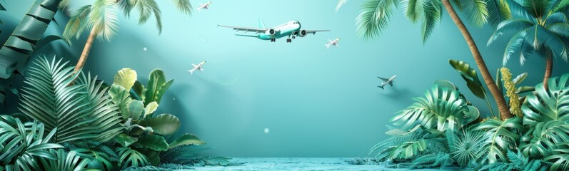 Naklejka premium Plane flying over a tropical area with palm trees, travel concept, banner, copy space