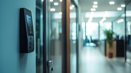 Fingerprint scanner access control system installed at office entrance for enhanced security