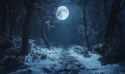 Snow-covered path through a dark forest under a full moon, with the trees and snow glowing softly in the moonlight