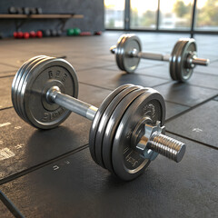 Heavy dumbbells on gym floor for strength training and fitness workouts