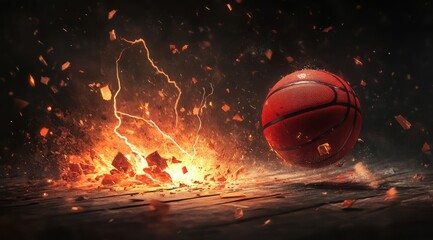 Fototapeta premium An abstract digital artwork featuring the silhouette of a basketball, dynamic lighting effects, and a dramatic explosion effect