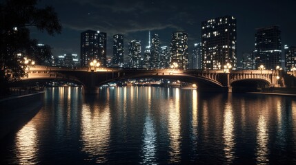 Night cityscape with bridge and city lights reflecting on calm water