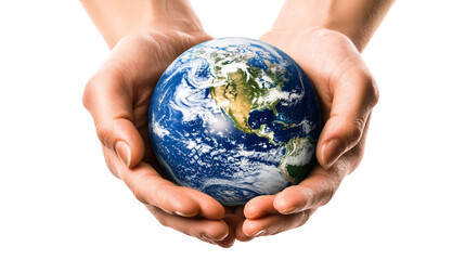 Two hands holding the planet Earth, isolated against a white background