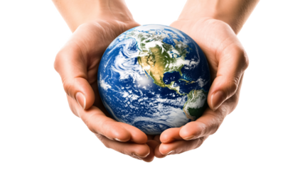 Two hands holding the planet Earth, isolated against a white background
