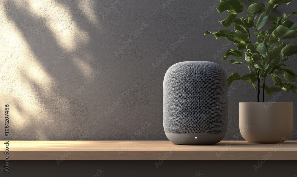 Aufkleber modern smart speaker on a shelf in a contemporary interior, with minimalistic design elements and mu