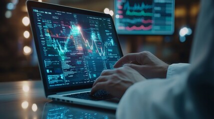 Fototapeta premium Doctor analyzing stock market data on laptop for innovative medical business plan in healthcare