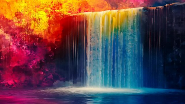 Abstract painting of a colorful waterfall with vibrant red, yellow, and blue cascades. High-resolution digital art. Nature and imagination concept.