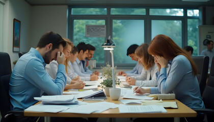 Fototapeta premium A scene of employees at desks piled with paperwork, highlighting stress, workload, and the demands of the job