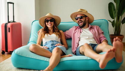 Obraz premium Couple Relaxing on Inflatable Lounge Chair on Vacation