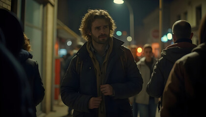 Obraz premium Workers leaving the office late at night, appearing worn out but determined, showcasing commitment, resilience, and dedication to their roles