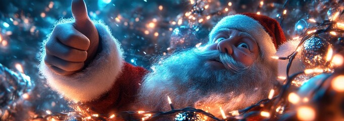 Santa giving sarcastic thumbs up surrounded by festive lights, showcasing humorous expression during holiday season. whimsical and playful scene filled with Christmas spirit