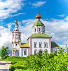 SUZDAL, RUSSIA - Beautiful landscape of Suzdal with a view of the Kamenka River and the ancient Russian Church of Elijah the Prophet (Elijah Church). Close-up