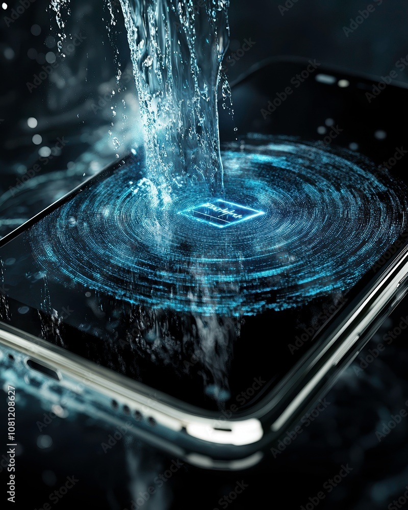 Poster mobile phone submerged in water, showcasing digital display with swirling water patterns. image conv