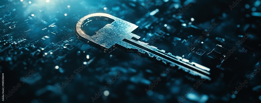 Poster massive digital key floating above sea of data, symbolizing security and technology. key metallic sh