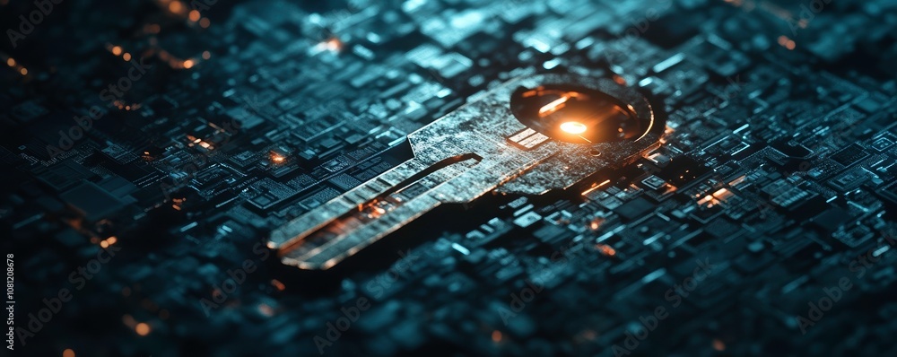 Poster massive digital key floating above sea of intricate circuitry, symbolizing security and technology. 
