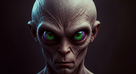 Close-up of mysterious alien with intense green and purple eyes