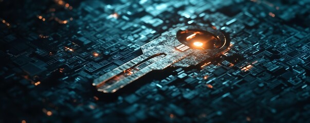 massive digital key floating above sea of intricate circuitry, symbolizing security and technology. glowing key represents access and protection in digital world