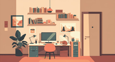 Fototapeta premium Cozy home office with cat and minimalist decor