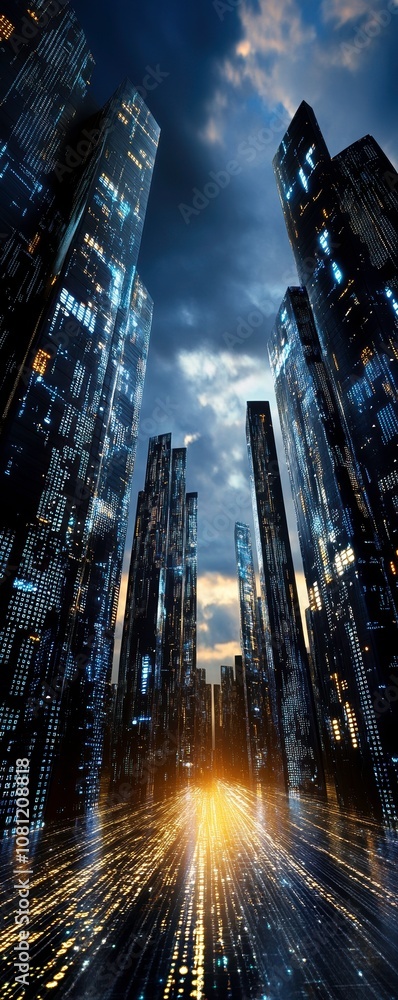 Poster futuristic cityscape with towering skyscrapers and glowing data streams, creating vibrant and dynami