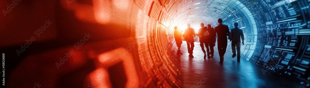 Aufkleber group of hackers walking through futuristic tunnel with glowing walls, showcasing technology and inn