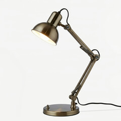 Vintage brass desk lamp with adjustable arm and illuminated bulb on a white background