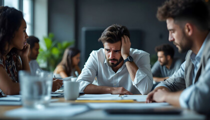 Employees looking exhausted during a lengthy meeting, reflecting the challenges, fatigue, and demands of corporate life.