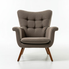 Fototapeta premium Modern mid-century armchair in minimalist setting with soft gray fabric