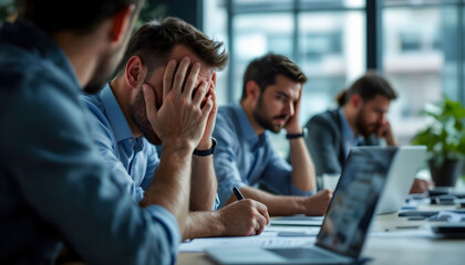 Employees looking exhausted during a lengthy meeting, reflecting the challenges, fatigue, and demands of corporate life.