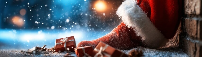 Fototapeta premium Santa foot in snowy scene, surrounded by gifts and falling snowflakes, evokes sense of holiday magic and anticipation