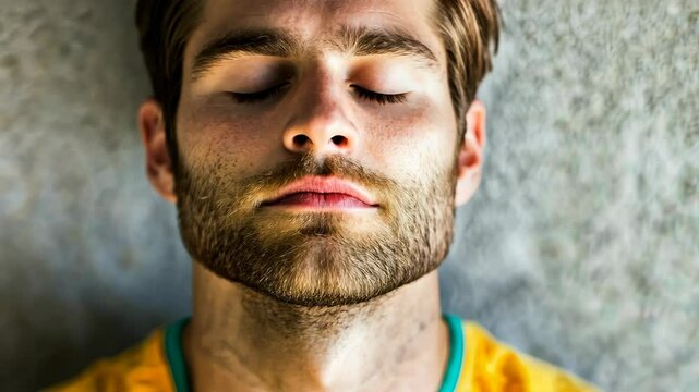 A young man with closed eyes takes a moment of peace, dressed in a vibrant yellow shirt. The textured backdrop enhances the calm atmosphere he embodies