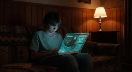 Young boy exploring futuristic holographic tablet in cozy living room