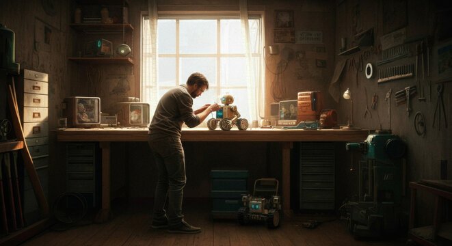 Inventor fixing robot in workshop with sunlit window and tools