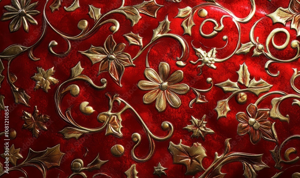 Poster textured pattern of christmas wrapping paper, featuring intricate designs and a glossy finish that c