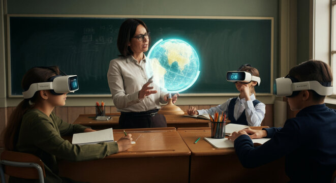 Virtual reality in education: students use vr headsets for interactive learning with holographic globe