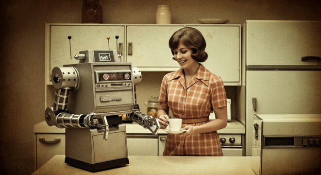 Retro futurism: vintage robot assisting woman in 1950s kitchen scene