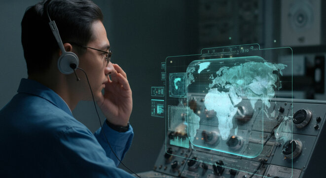 Operator analyzing global data on futuristic interface in control room