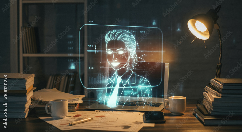 Poster futuristic holographic interface with virtual assistant in dimly lit workspace