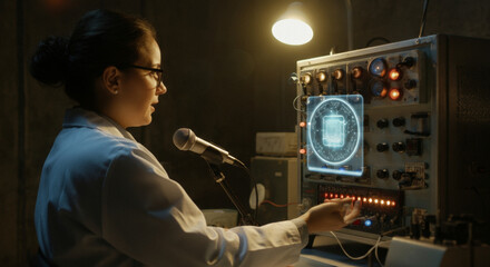 Scientist analyzing advanced holographic interface in lab