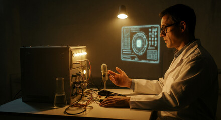 Scientist analyzing data with futuristic holographic interface in laboratory