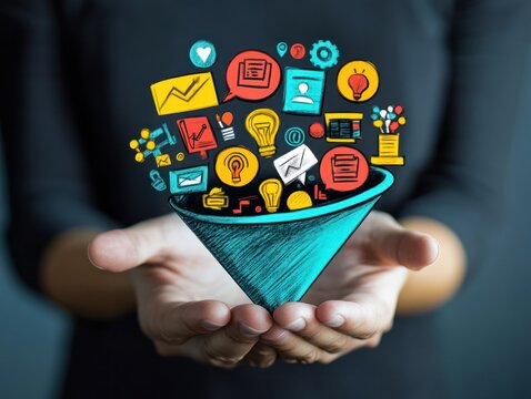 Person holding a digital marketing funnel with icons of digital marketing elements for the Concept of converting sales process prospects into customers.