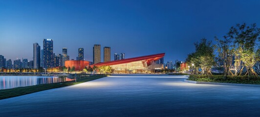 Obraz premium Night View of Modern Cityscape with Red Architecture